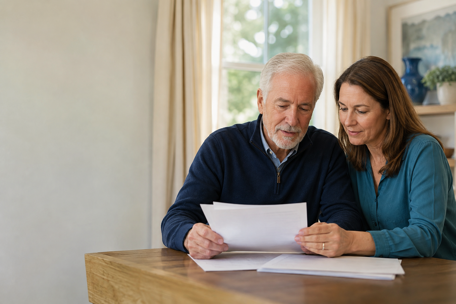 An older adult and family member reviewing documents together